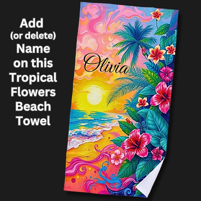 Serviette De Plage Ajouter un nom Fleurs tropicales roses au coucher  (Créateur téléchargé)