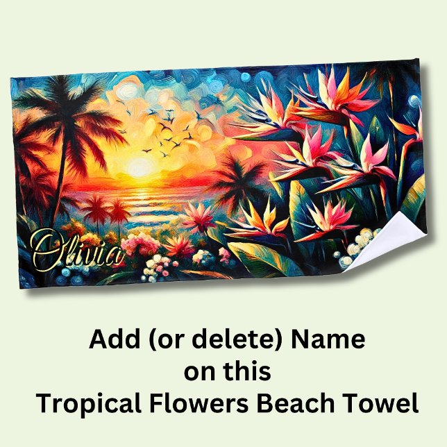 Serviette De Plage Ajouter Un Nom Fleurs Tropicales Roses Oranges Pal (Créateur téléchargé)