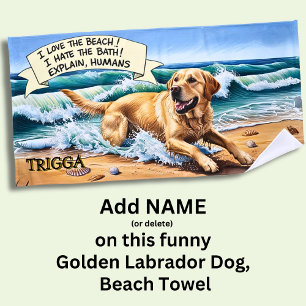 Serviette De Plage Ajouter un nom, Golden Labrador Dog Runin Waves