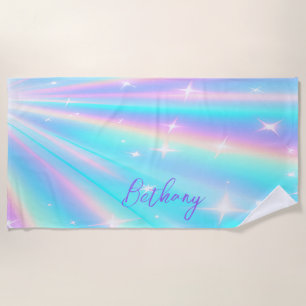 Serviette De Plage Ajouter un nom, Holographique Look Starburst Aqua