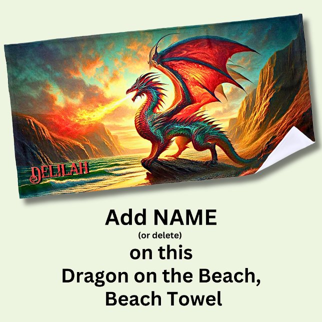 Serviette De Plage Ajouter un nom, Red Fire Brething Dragon sur Cliff (Créateur téléchargé)