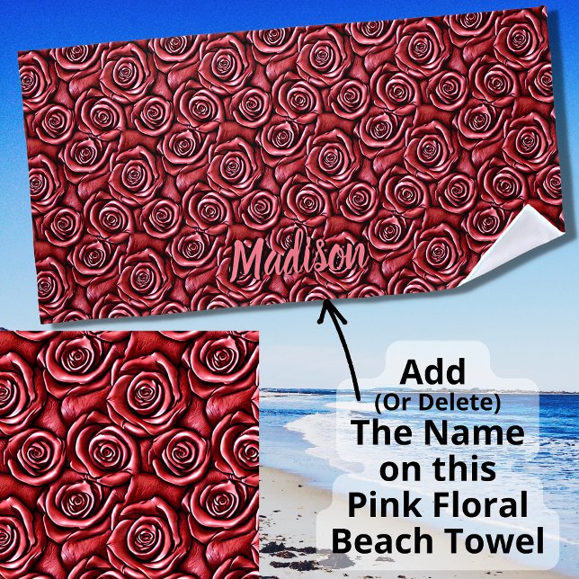 Serviette De Plage Ajouter un nom, Roses en cuir rose à outils (Créateur téléchargé)