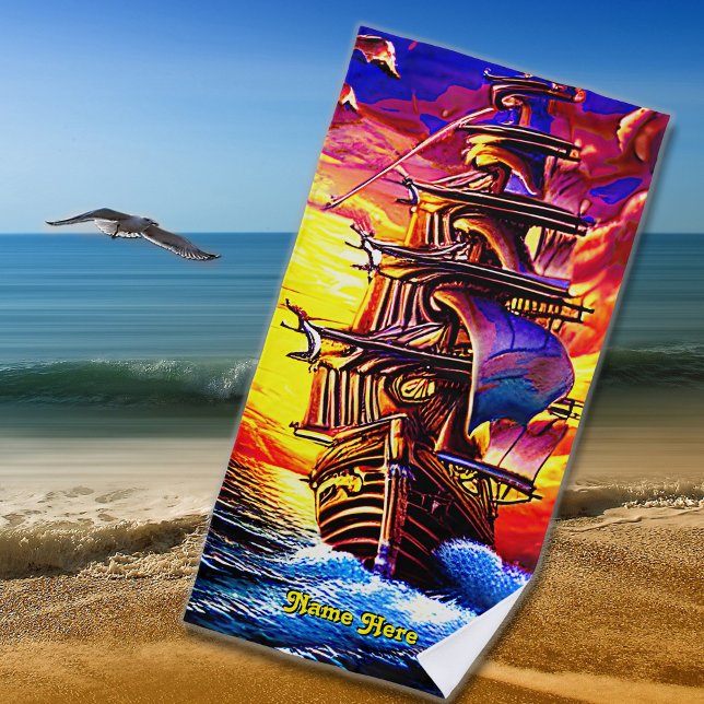 Serviette De Plage Ajouter un nom, Stylisé Brown Pirate Voilier (Créateur téléchargé)