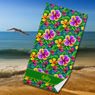 Serviette De Plage Ajouter un nom Texte Hibiscus tropical Feuille de