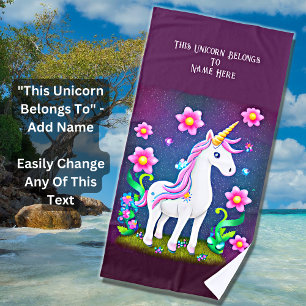 Serviette De Plage Ajouter un nom Texte, licorne avec fleurs sur viol