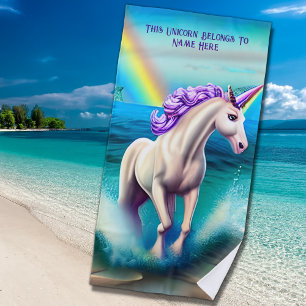 Serviette De Plage Ajouter un nom Texte, Unicorne Jouer dans les vagu
