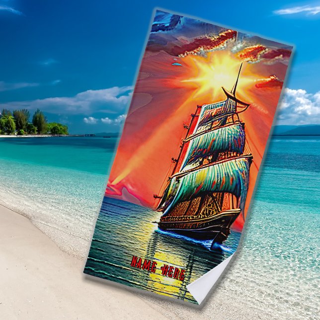 Serviette De Plage Ajouter un nom, voiles bleues Stylisées Bateau à v (Créateur téléchargé)