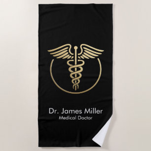 Serviette De Plage Ajouter Votre Nom Médicale Caduceus Symbole Black 