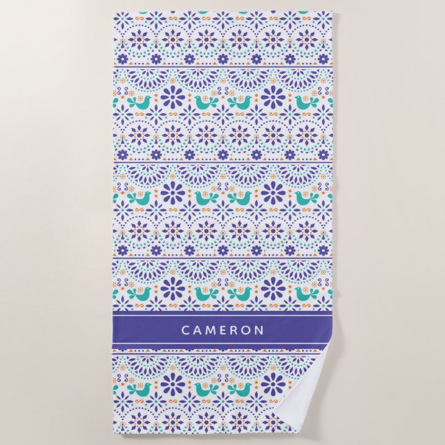Serviette De Plage Ajouter votre nom| Motif mexicain d'art folkloriqu (Devant)