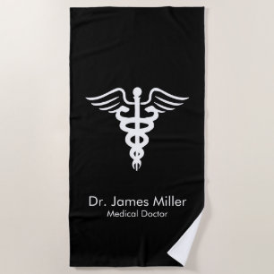 Serviette De Plage Ajouter Votre Nom Symbole Caduceus Médicale Noir