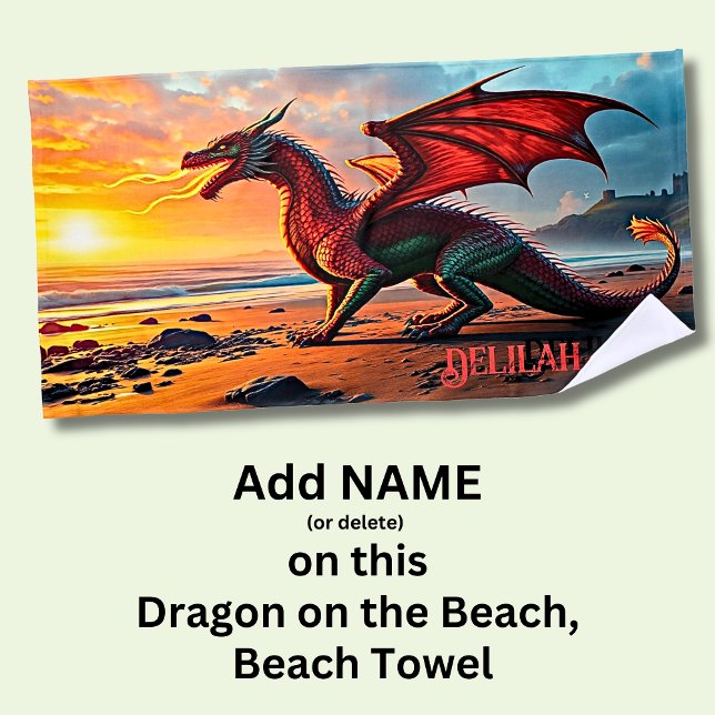 Serviette De Plage Ajoutez Nom, Dragon Respirant Feu sur la Plage, (Créateur téléchargé)