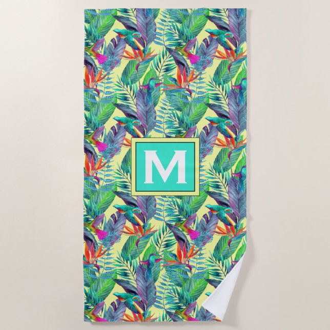 Serviette De Plage Ajoutez vos colibris d'aquarelle du monogramme | (Devant)