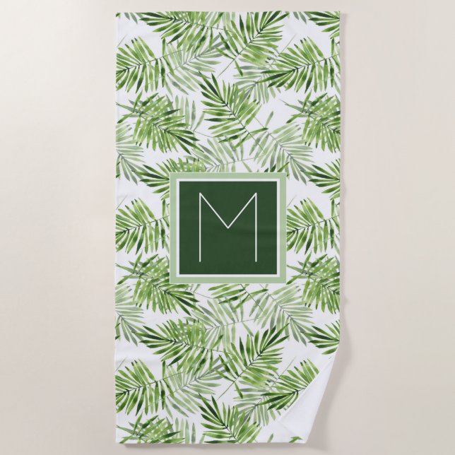 Serviette De Plage Ajoutez vos palmettes vertes du monogramme | (Devant)