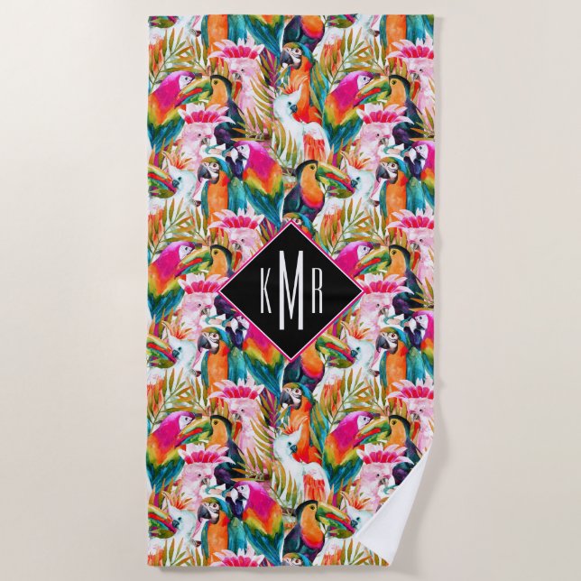 Serviette De Plage Ajoutez vos perroquets et palmettes du monogramme (Devant)