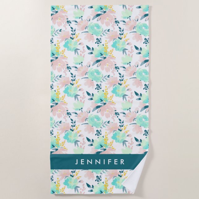 Serviette De Plage Ajoutez votre motif | floral nommé d'aquarelle (Devant)