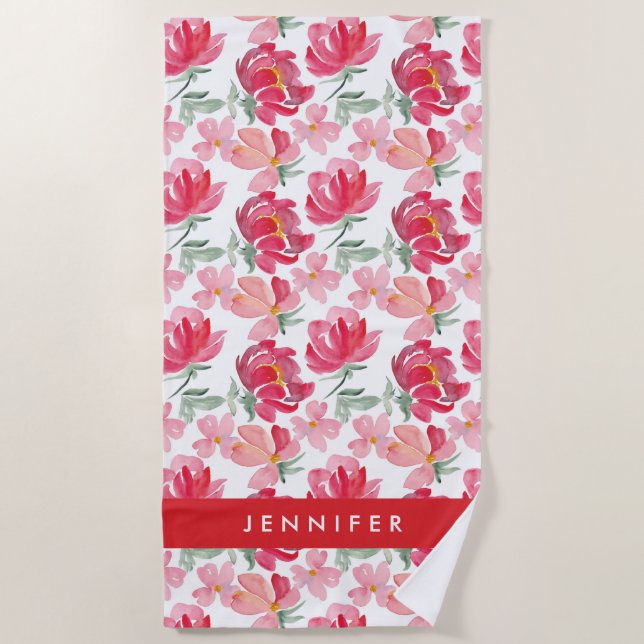 Serviette De Plage Ajoutez votre motif nommé de pivoine d'aquarelle (Devant)