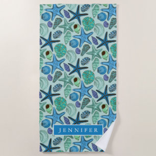 Serviette De Plage Ajoutez votre nom Tons De Coquillages Bleus Et F