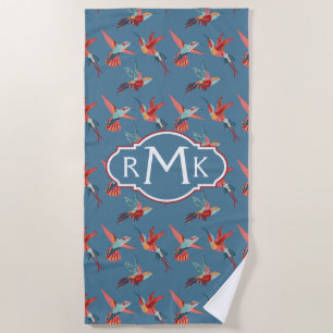 Serviette De Plage Ajoutez votre rétro motif de colibri du monogramme