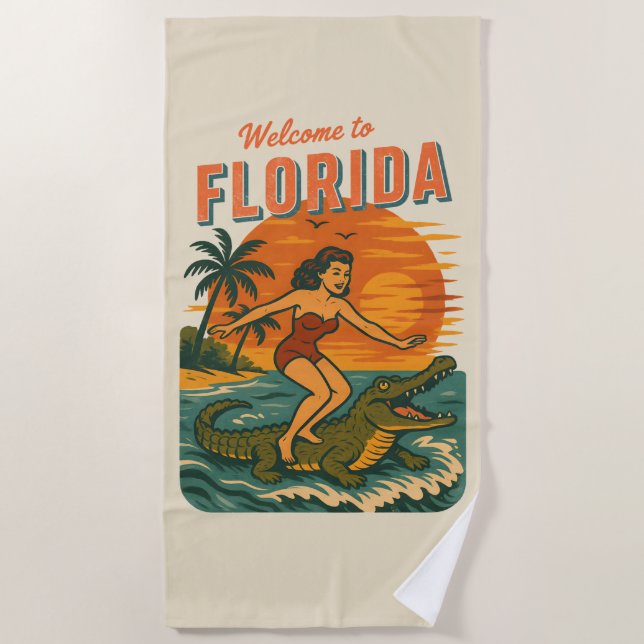 Serviette De Plage Alligator Surfing Beach Pin-up | Retro Coastal Art (Devant)