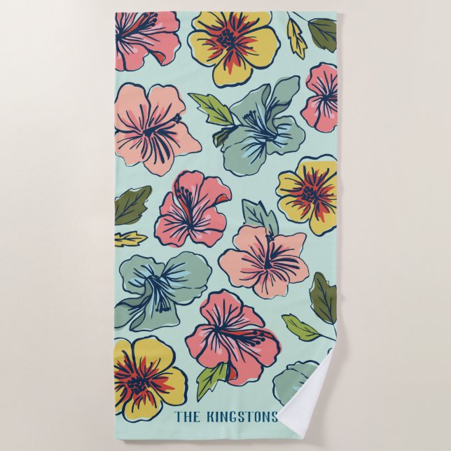 Serviette De Plage Aloha fleurs hawaïennes et nom de famille (Devant)