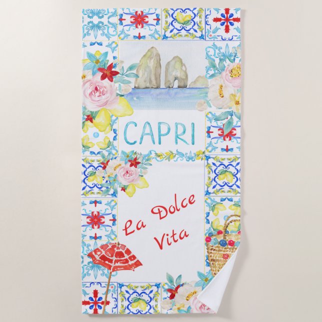Serviette De Plage Amalfi Coast Capri Blue Tiles Wedding (Devant)