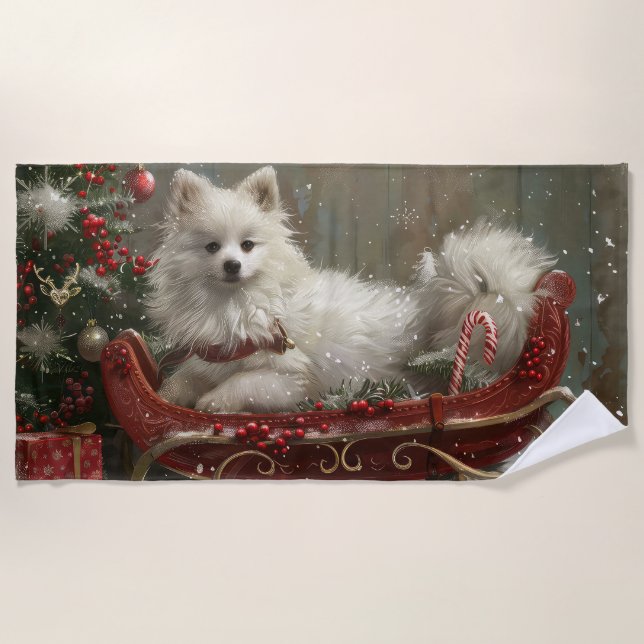 Serviette De Plage American Eskimo Chien Festif de Noël (Devant)
