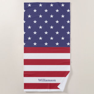 Serviette De Plage American Flag Patriotic Custom Name Motif