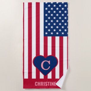 Serviette De Plage American flag plage maison coeur monogramme nom de
