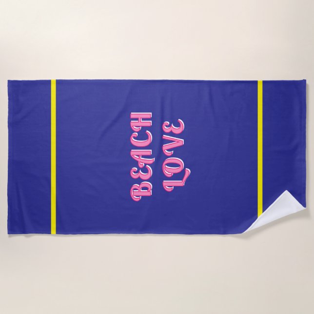 Serviette De Plage Amour de plage bleu rose jaune rayures (Devant)