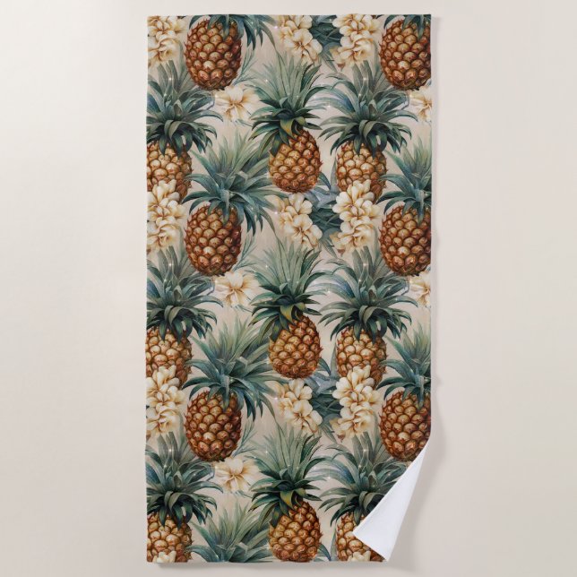 Serviette De Plage Ananas à fleurs blanches tropicales (Devant)