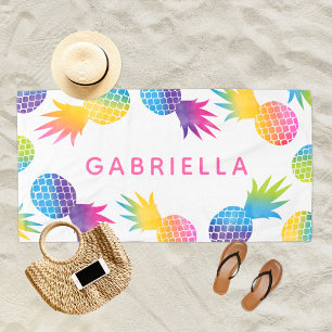 Serviette De Plage Ananas Arc-en-Ciel Tropical Rose Personnalisé