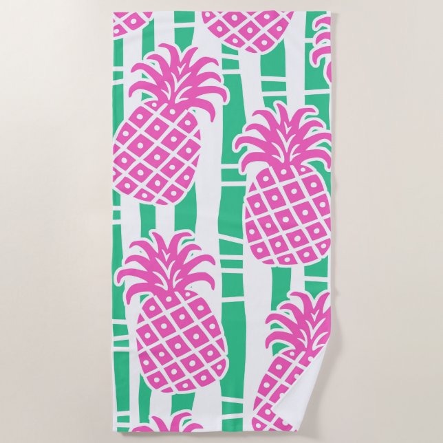 Serviette De Plage Ananas Bambou rayures rose et Motif vert (Devant)