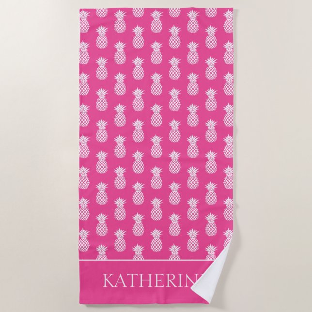 Serviette De Plage Ananas blanc chic sur fond rose (Devant)