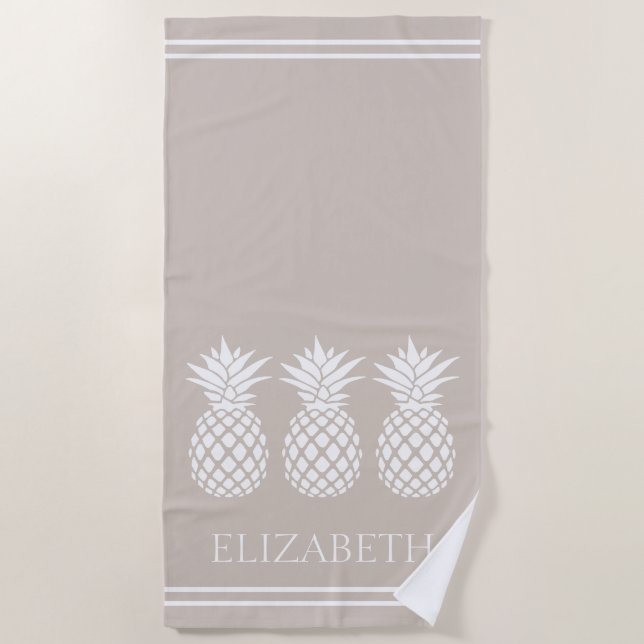 Serviette De Plage Ananas blancs chic sur fond beige (Devant)