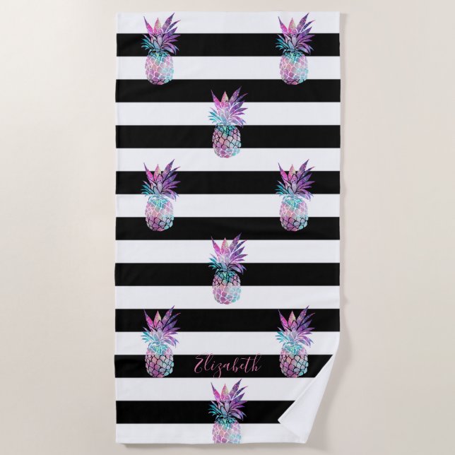 Serviette De Plage Ananas, Blancs noirs -Personnalisé (Devant)