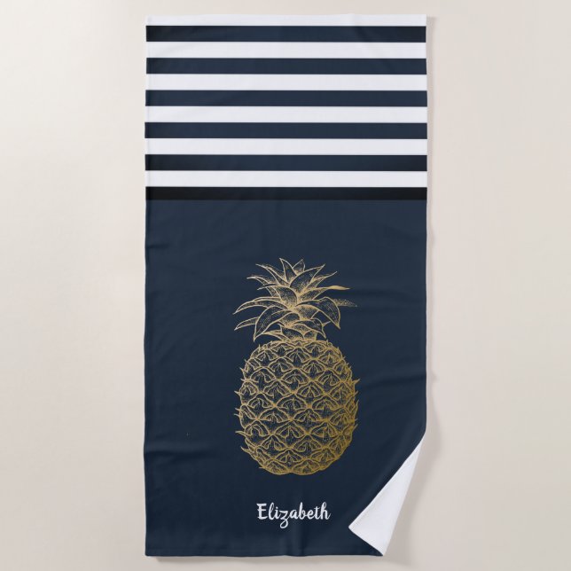 Serviette De Plage Ananas doré Marin rayé bleu nuit  (Devant)