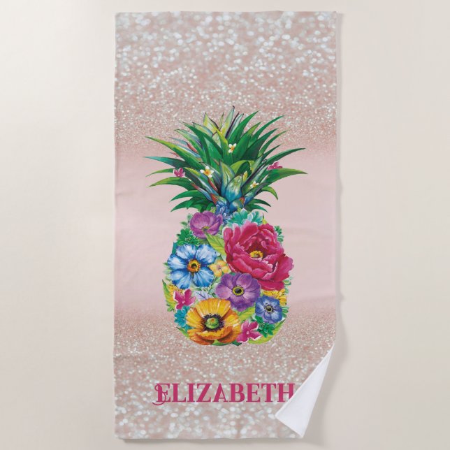 Serviette De Plage Ananas floral Parties scintillant tropicale Bokeh (Devant)