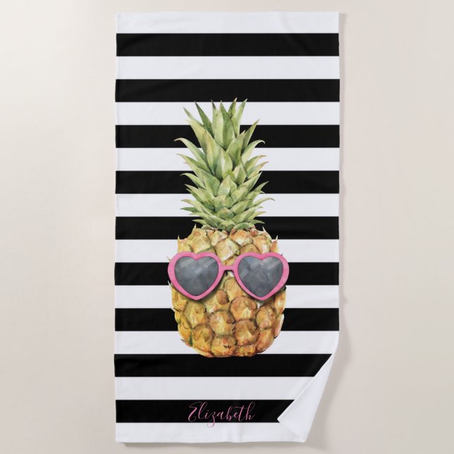 Serviette De Plage Ananas frais, Rayures noires et blanches (Devant)