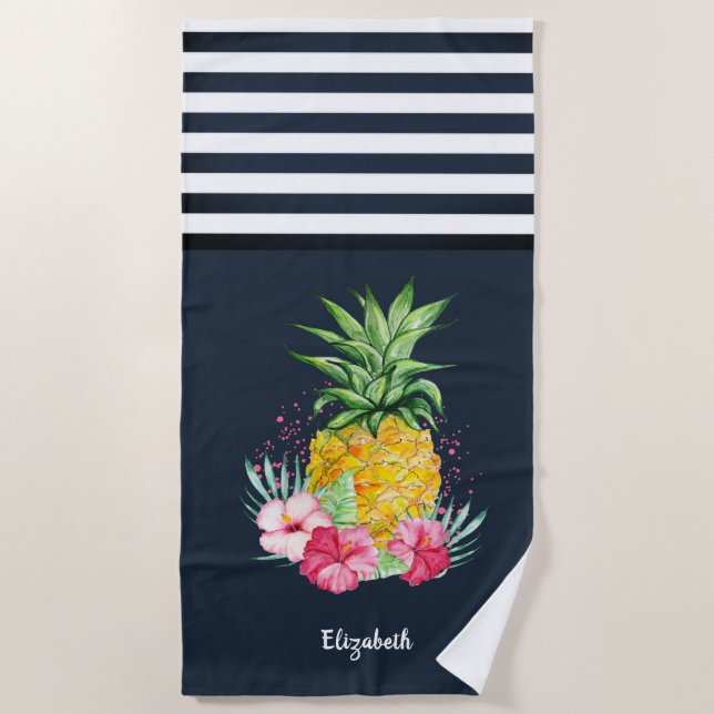 Serviette De Plage Ananas Hibiscus Bleu Marine Rayé Foncé (Devant)