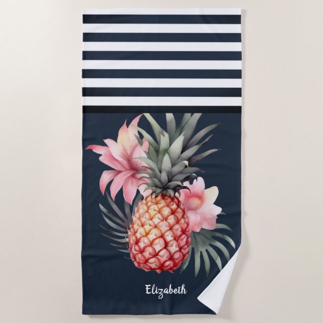 Serviette De Plage  Ananas Hibiscus Marin Bleu Rayé   (Devant)