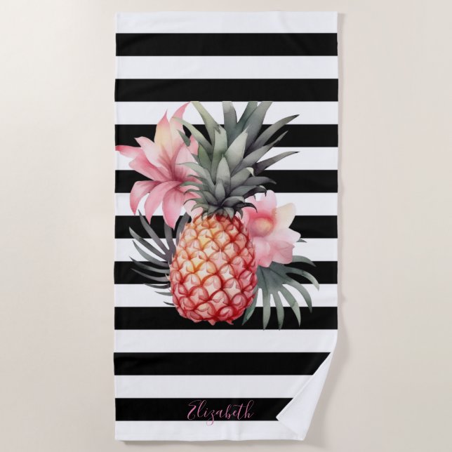 Serviette De Plage Ananas Hibiscus , Rayures Noires et Blanches (Devant)