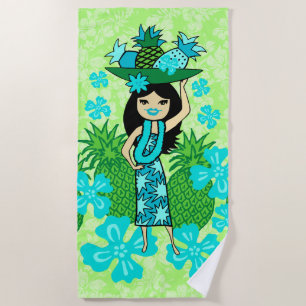 Serviette De Plage Ananas Luau Hawaiian Hula Girl Lime Green