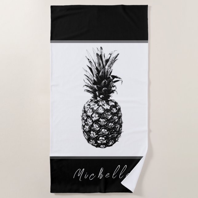 Serviette De Plage Ananas noir blanc moderne | Personnalisé (Devant)