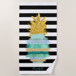 Serviette De Plage Ananas Pailleté Vert Rayures Noires et Blanches