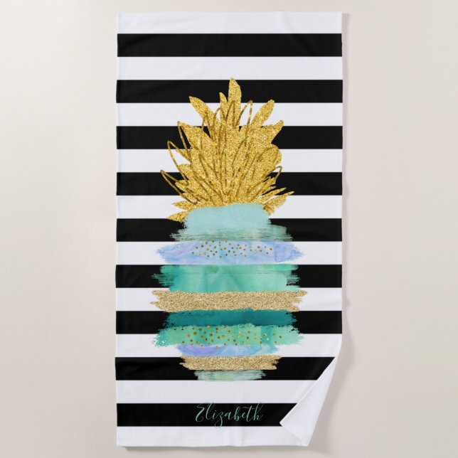 Serviette De Plage Ananas Pailleté Vert Rayures Noires et Blanches (Devant)
