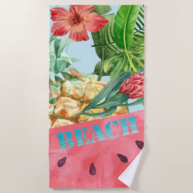 Serviette De Plage Ananas Pastèque Hibiscus Feuilles de Palmier Migno (Devant)