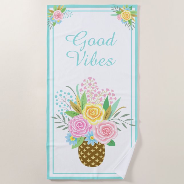 Serviette De Plage Ananas Rose Bouquet Good Vibes Rose Turquoise (Devant)
