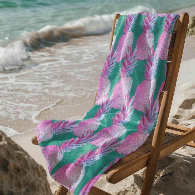 Serviette De Plage Ananas roses Caraïbes Bleu   (Pink pineapples on Caribbean blue!)