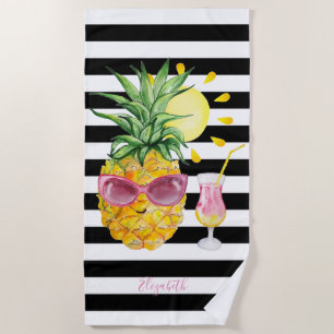 Serviette De Plage Ananas,Soleil,Cocktail Rayures Noires et Blanches