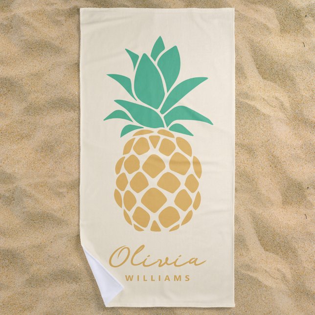 Serviette De Plage Ananas tropical Jaune Nom personnalisé (Créateur téléchargé)